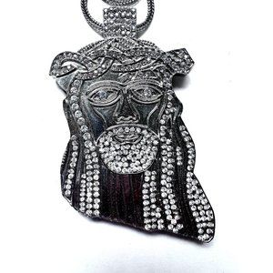JESUS Face/Image Pendant SS Steel Necklace with Simulated Crystals